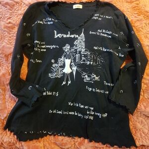 Cactus Brand London graphic top with big ben, floral, and word doodles